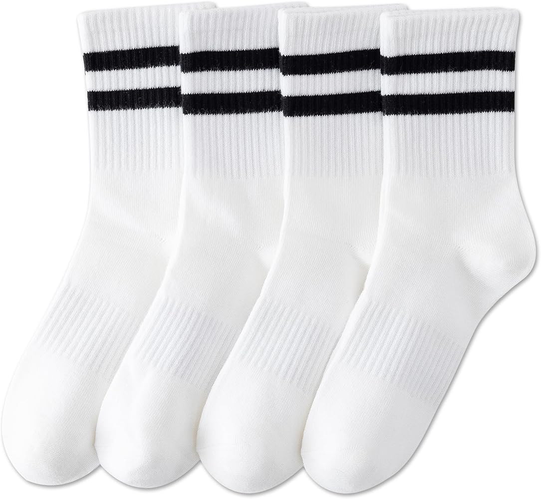 YUWELL Womens Striped Crew Socks, Cotton Cozy Casual Socks for Women 4 Pairs, Size 5-10 | Amazon (US)