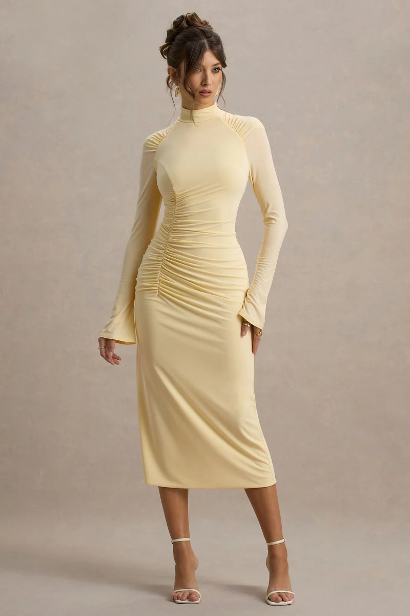 Cassandra | Lemon High-Neck Long-Sleeve Midi Dress | Club L London