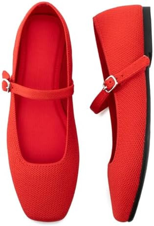 Knit Flats for Women Square Toe Flats Casual Ballet Flats with Ankle Strap,Mary Jane Shoes Women ... | Amazon (US)