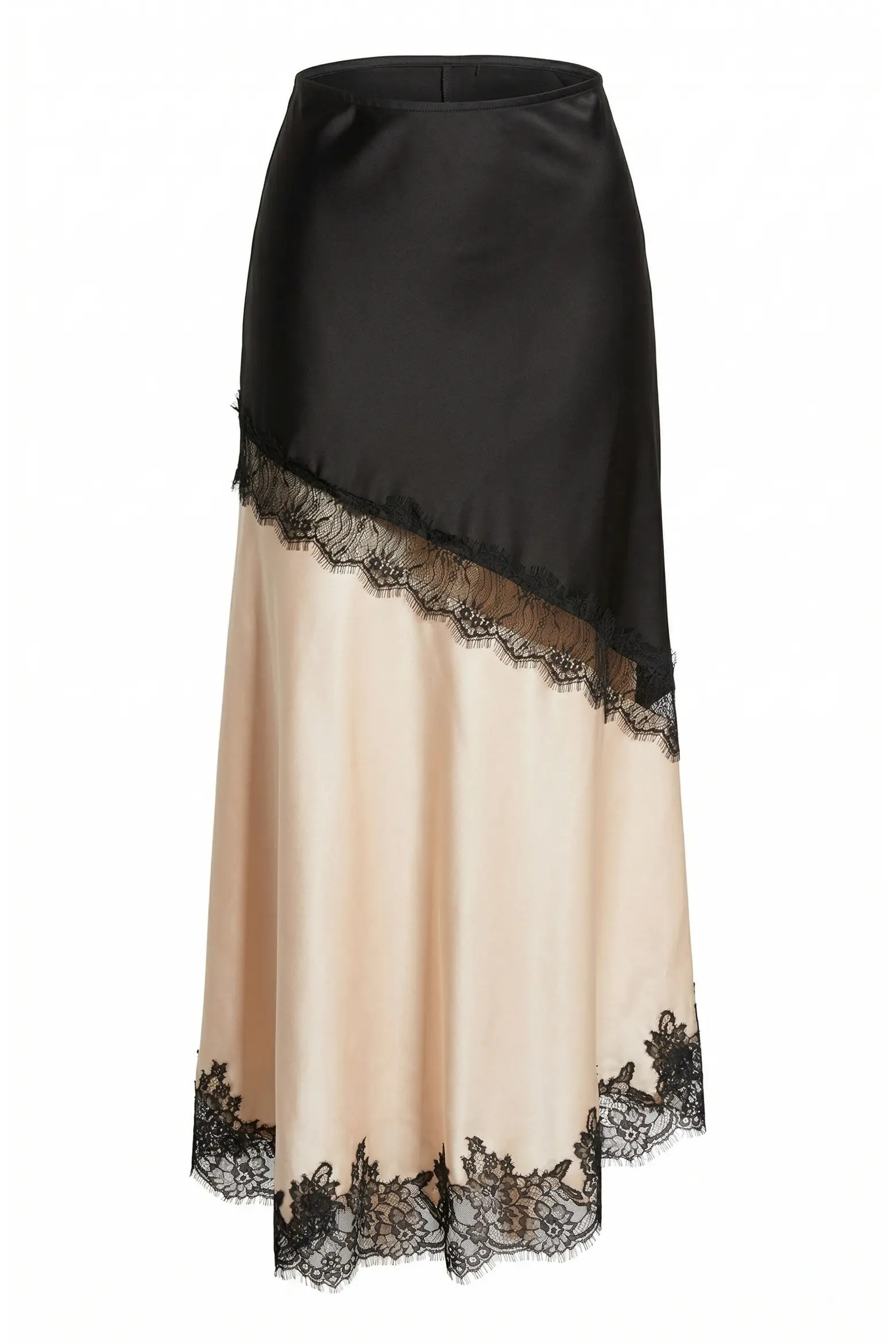 Lace Trim Asymmetric Satin Midi Skirt with Contrast Panel (Women) | Nordstrom | Nordstrom