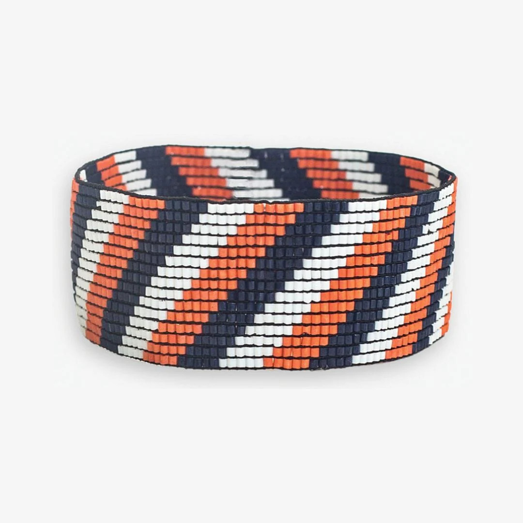Kenzie Game Day Diagonal Stripes Beaded Stretch Bracelet Navy and Orange | INK+ALLOY