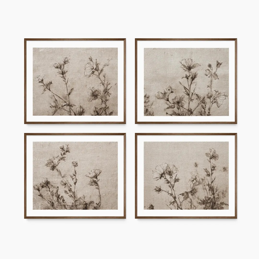 Botanical Tapestry Print Set, Vintage Botanical Wall Art Print, Wildflower Sketch, Linen Tapestry... | Etsy (US)