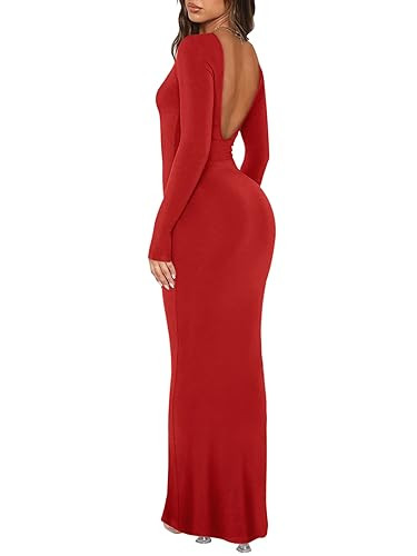 REORIA Womens Sexy V Backless Soft Lounge Long Dress Fall Wedding Guest Casual Going Out Boat Neck Long Sleeve Ribbed Bodycon Maxi Dresses Red X-Small | Amazon (US)