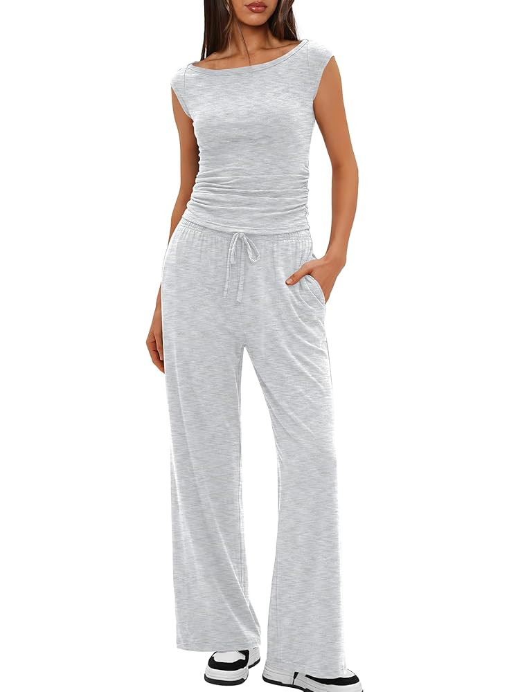 Darong Women 2 Piece Lounge Set Cap Sleeve Boat Neck Top Wide Leg Pants Set Summer Outfit Two Pie... | Amazon (US)