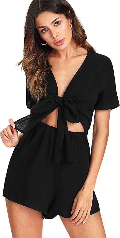 Amazon.com: SweatyRocks Women's Sexy Short SleeveV Neck Front Knot Solid Romper Jumpsuit Black Small | Amazon (US)