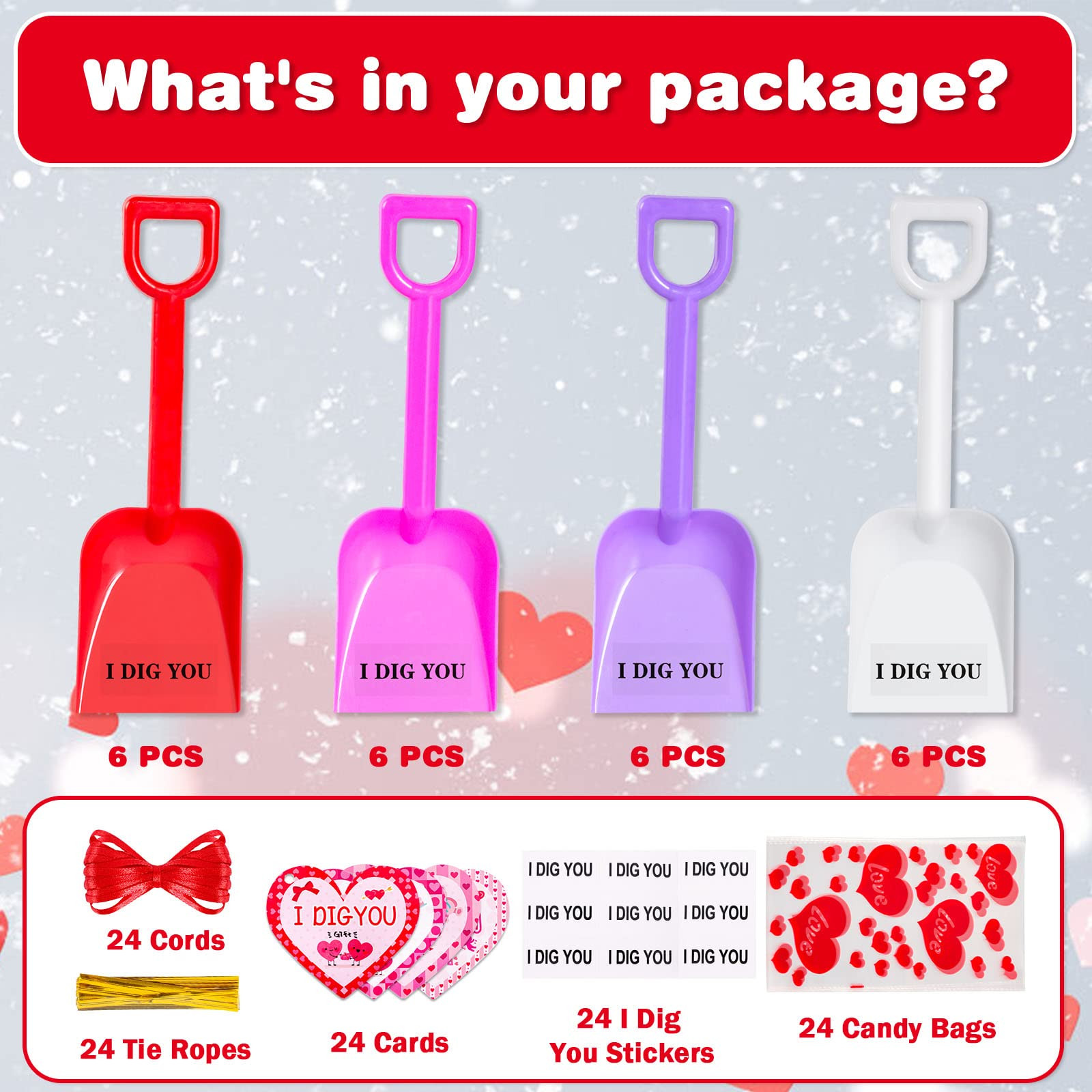 MGparty 24 Pack Valentines Day Plastic Toy Shovels with Cards, I Dig You Stickers, Gifts Bags Val... | Amazon (US)
