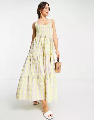 ASOS DESIGN shirred maxi sundress with tiers in lilac and lemon check | ASOS (Global)