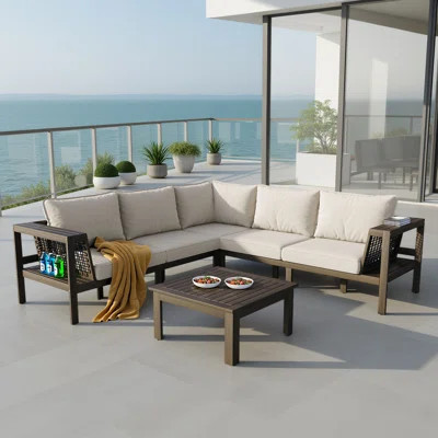 4-Piece Outdoor Acacia Wood Sofa Set with Woven Mesh Armrests, L-Shaped Patio Conversation Set with Coffee Table & Cushions | Wayfair North America