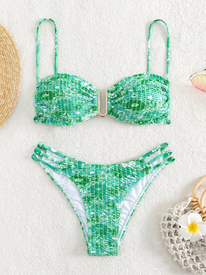 SHEIN Swim Mod Summer Beach Floral Print Bikini Set V-Wired Smocked Cami Bra & Cheeky Bottom 2 Pi... | SHEIN