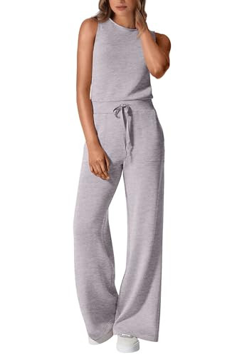 PRETTYGARDEN Women's Air Essentials Jumpsuits Casual Summer Sleeveless Palazzo Pants Romper One Piece Outfits (Grey,X-Large) | Amazon (US)