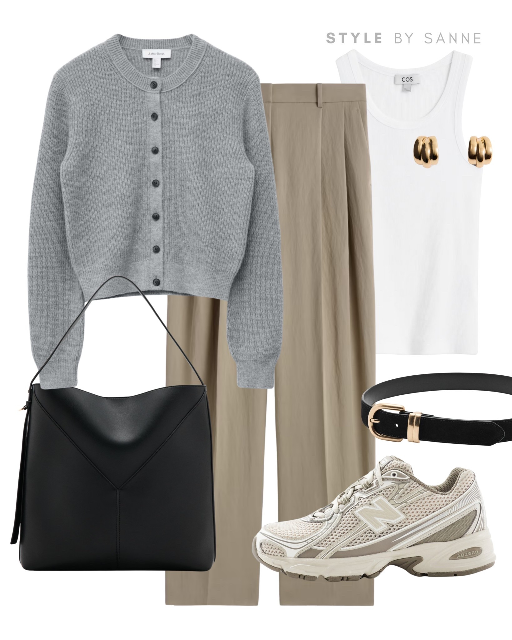 A soft grey cardigan paired with light beige trousers creates a calm, neutral base. Styled with a simple white tank, sporty sneakers and black accessories for an effortless everyday look that feels clean, modern and easy to wear.🩶

#LTKspring #LTKstyletip