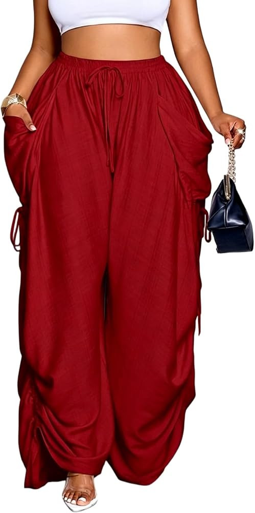Plus Size Women's High Waist Drawstring Wide Leg Pants with Side Pockets & Adjustable Hem, Casual... | Amazon (US)