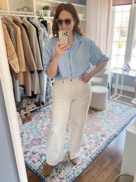 Spring Wardrobe Winner ™️~ The Boyfriend Shirt is on sale. Wearing my usual M and it’s a perfect oversized look without being too big and bulky. Size down to play with proportions depending on the look you are going for.

Spring outfit, workwear, jeans 

#LTKmidsize #LTKfindsunder50 #LTKover40