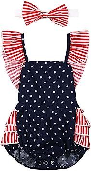 Toddler Baby Girl 4th of July Outfit American Flag Ruffle Romper Bodysuit+Headband Set | Amazon (US)