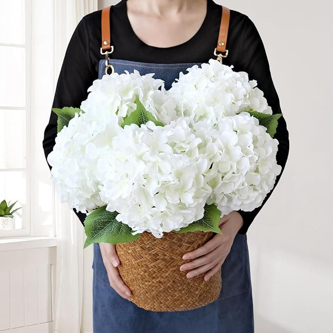 White Silk Flowers Hydrangea Artificial Flowers, 5Pcs 20Inch Large Lifelike Faux Flowers, Full Fa... | Amazon (US)