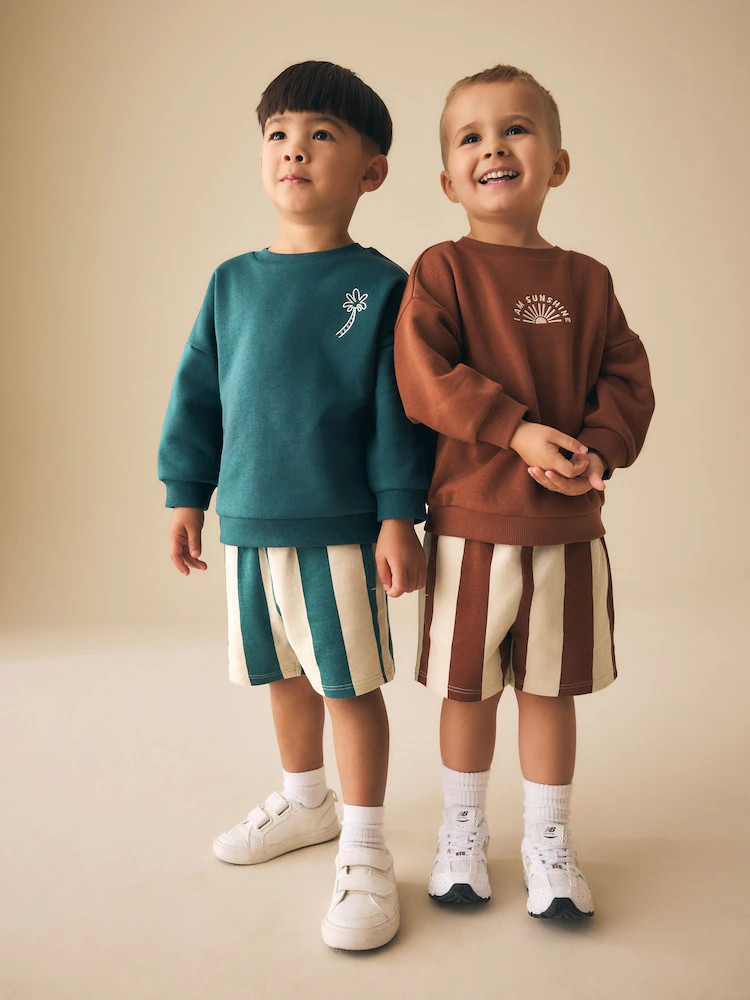 Rust Brown and Teal Crew Neck Sweatshirt and Shorts 2 Pack Set (3mths-7yrs) | Next US