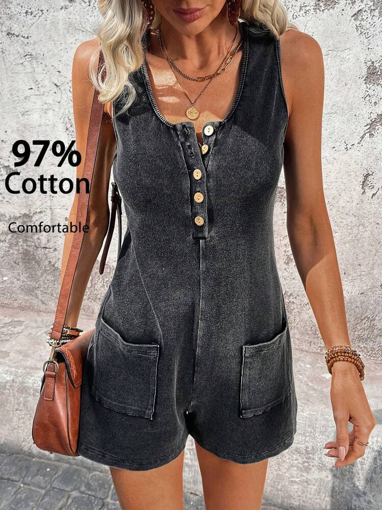 SHEIN LUNE Women's Casual Washed Fabric Music Festival Jumpsuit With Pockets, Everyday Wear For Spring & Summer Summer Outfits For Women Vacation Outfits Woman Western Wear Women Concert Outfit Women Rave Outfits Festival | SHEIN