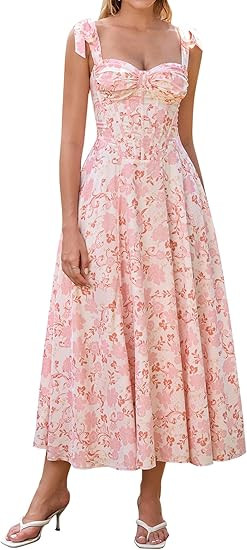 Parthea Summer Floral Corset Midi Dress A Line Tie Bow Straps Wedding Guest Dresses for Women | Amazon (US)
