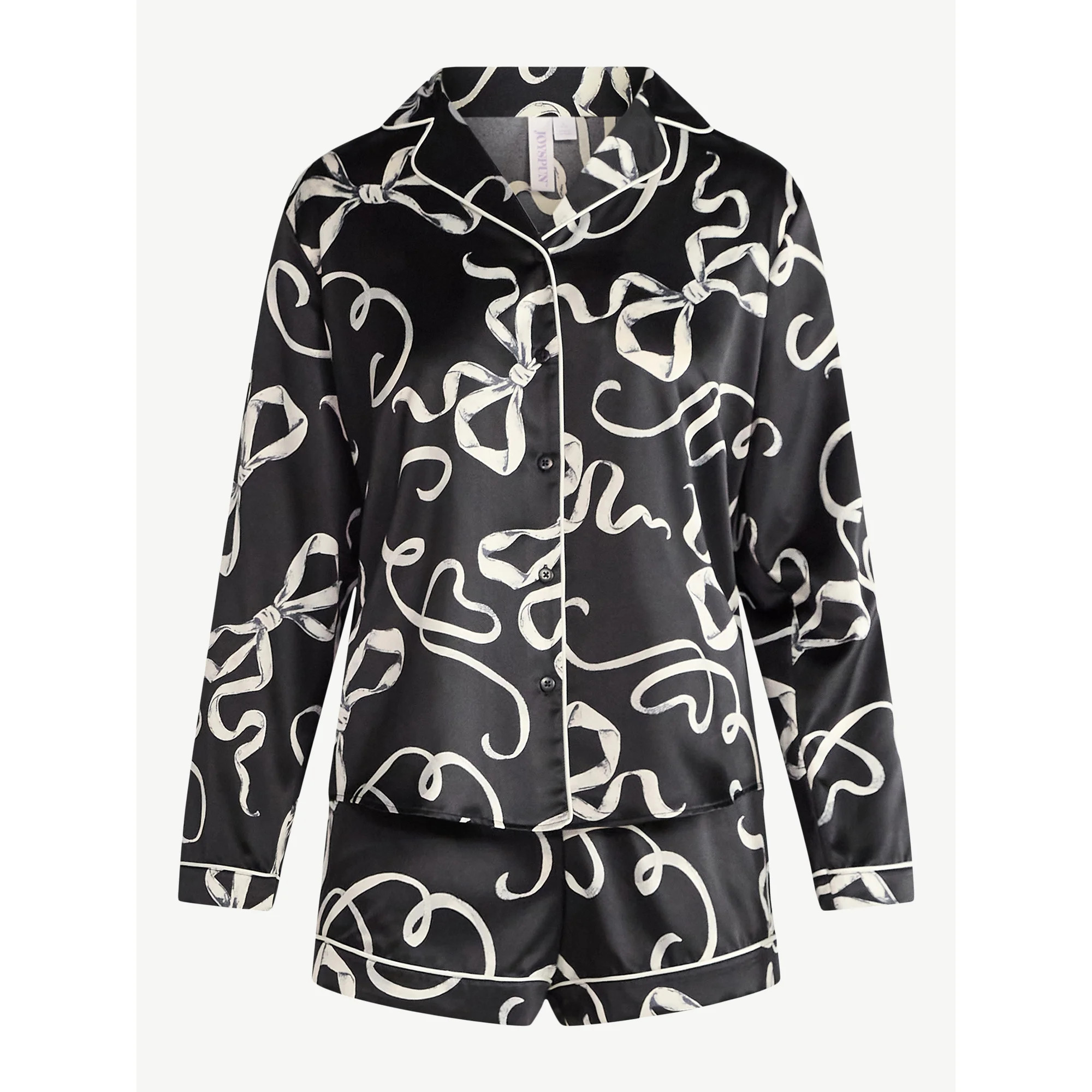 Joyspun Women’s Stretch Satin Notch Long Sleeve Top and Shorts Pajama Set, 2-Piece, Sizes XS-3X | Walmart (US)