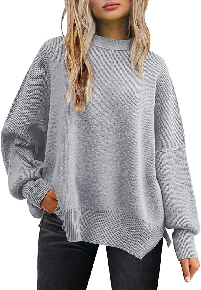 LILLUSORY Women's Crewneck Batwing Long Sleeve Sweater 2023 Fall Oversized Ribbed Knit Side Slit ... | Amazon (US)