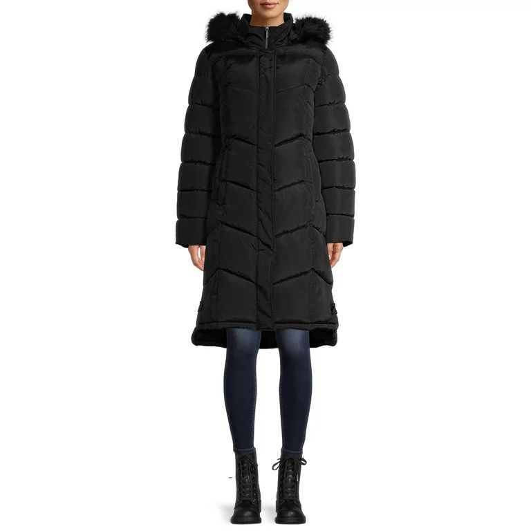 Big Chill Women's Maxi Chevron Puffer Coat with Fur Trim Hood | Walmart (US)