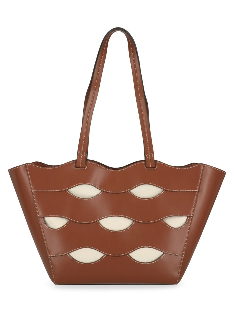 Free Assembly Women's Allegra Faux Leather Cut Out Tote Handbag, Cognac/Cream | Walmart (US)