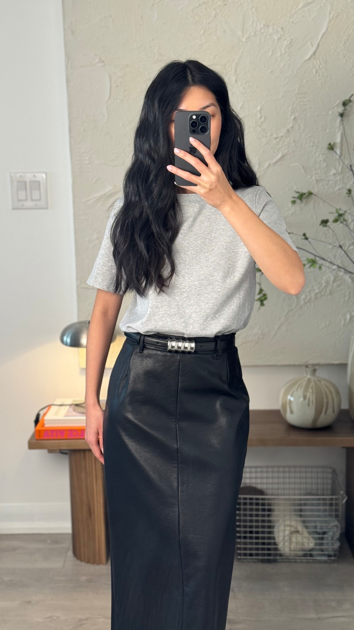 Black leather skirt with relaxed T

Size up in the t shirt for a more relaxed fit!