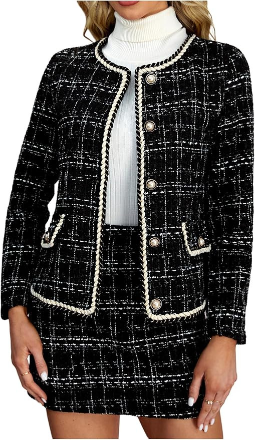 Women's 2 Piece Outfits Plaid Button Front Long Sleeve Tweed Jacket and Mini Skirt Elegant Set | Amazon (US)