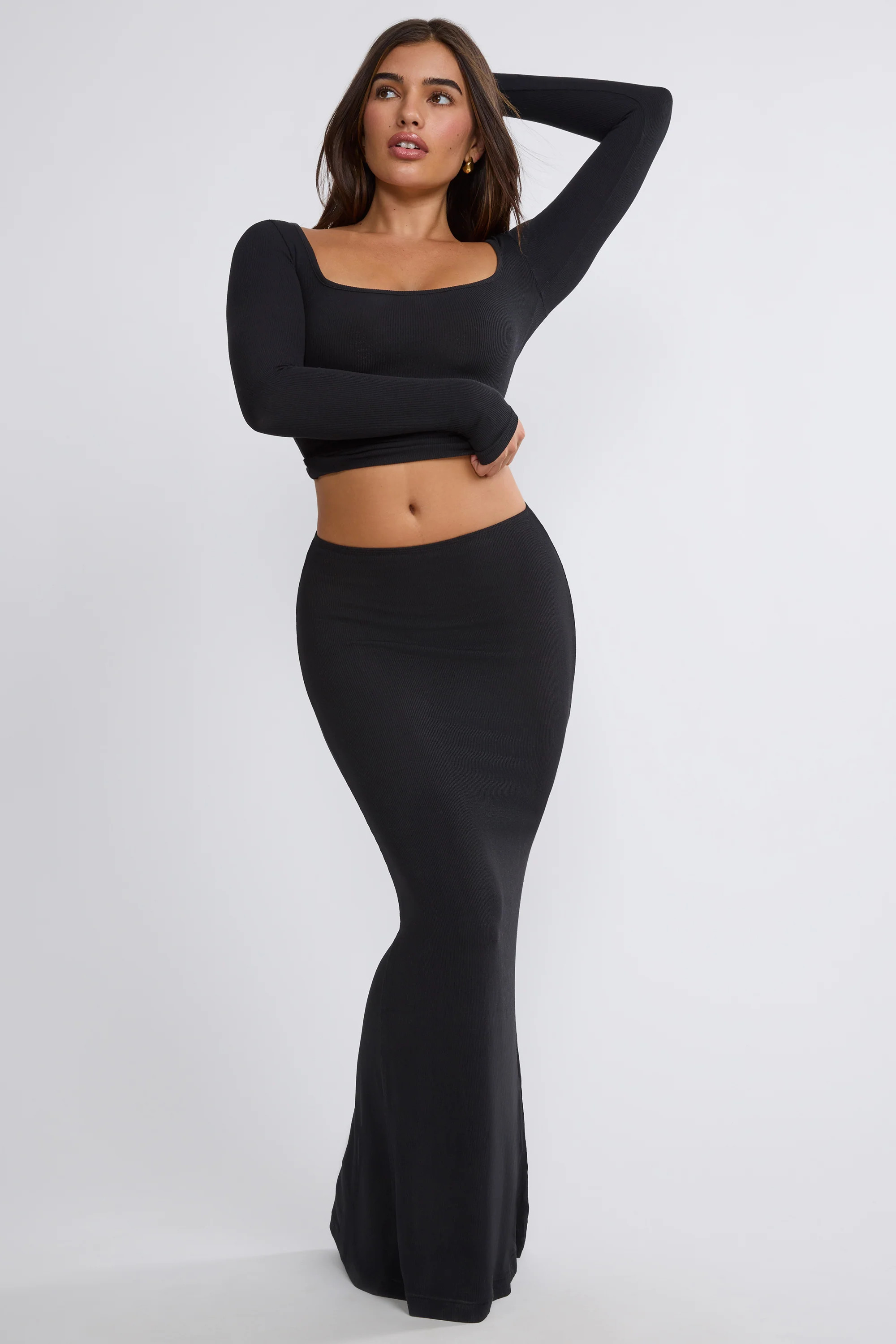 Ribbed Modal Mid Rise Maxi Skirt in Black | Oh Polly