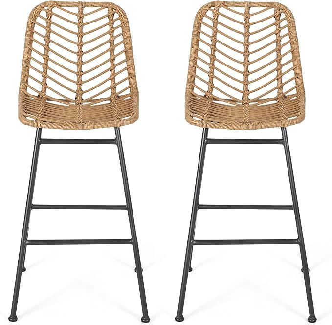 Jessie Outdoor Wicker Barstools (Set of 2), Light Brown and Black | Amazon (US)