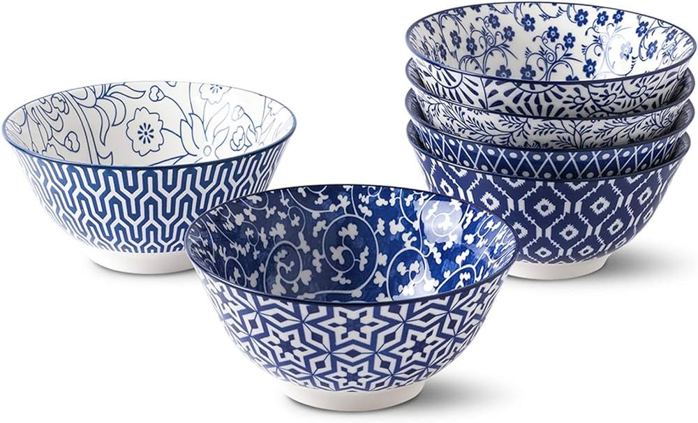 Selamica Blue and White Porcelain 20oz Cereal Bowl Set - Set of 6, 6 inch Soup Bowls, Ceramic bow... | Amazon (US)
