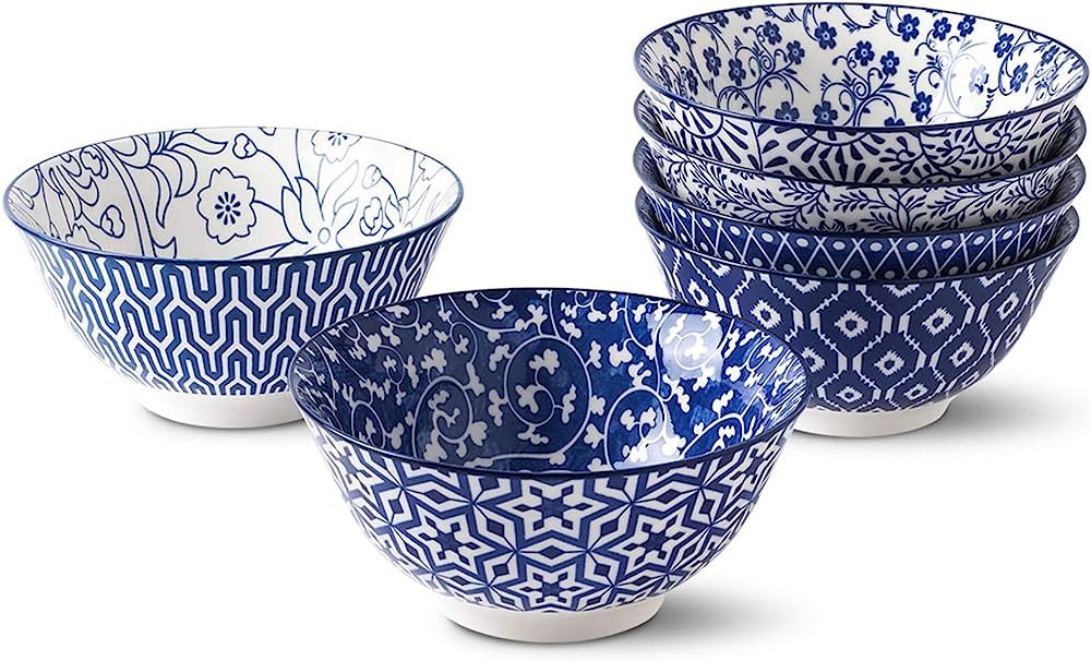 Selamica Blue and White Porcelain 20oz Cereal Bowl Set - Set of 6, 6 inch Soup Bowls, Ceramic bow... | Amazon (US)