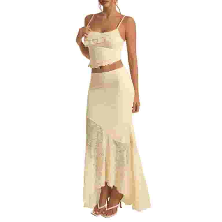 Women'S 2 Piece Outfits Ruffle Trim Crop Top and Low Rise Maxi Skirt Set Light Yellow S | Walmart (US)