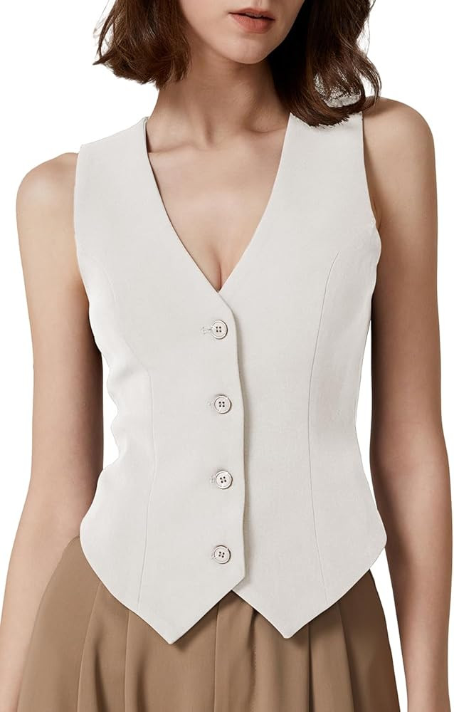 QINSEN Womens V Neck Vest Top Sleeveless Button Down Fully Lined Solid Going Out Crop Tops | Amazon (US)