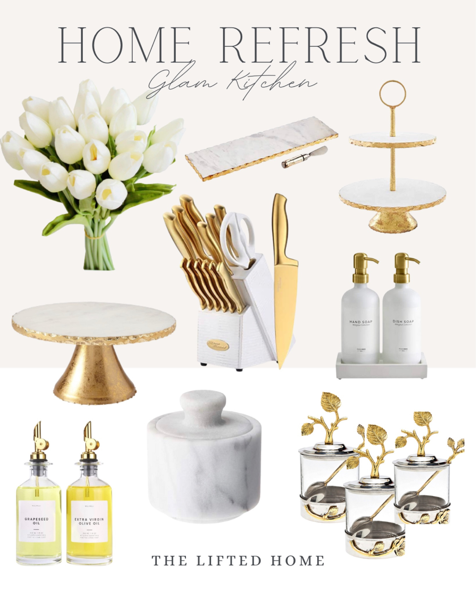 Glam up the kitchen with touches of luxe decor. 

Cake stand, tulips, soap dispenser, oil dispenser, canisters, gold knives 

#LTKhome #LTKSeasonal #LTKFind