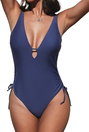 CUPSHE Women Swimsuit One Piece Bathing Suit Deep V Neck Cutout Side Drawstring with Adjustable W... | Amazon (US)