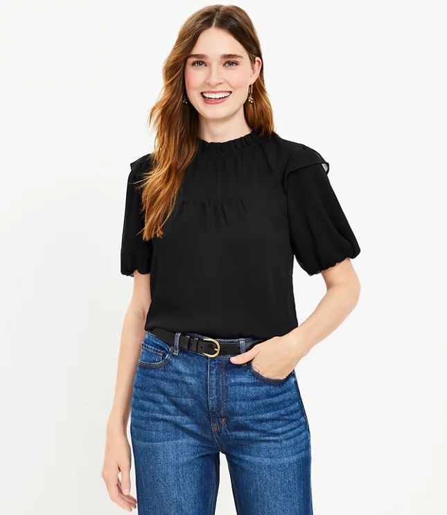 Petite Ruffle Neck Balloon Sleeve Top | LOFT