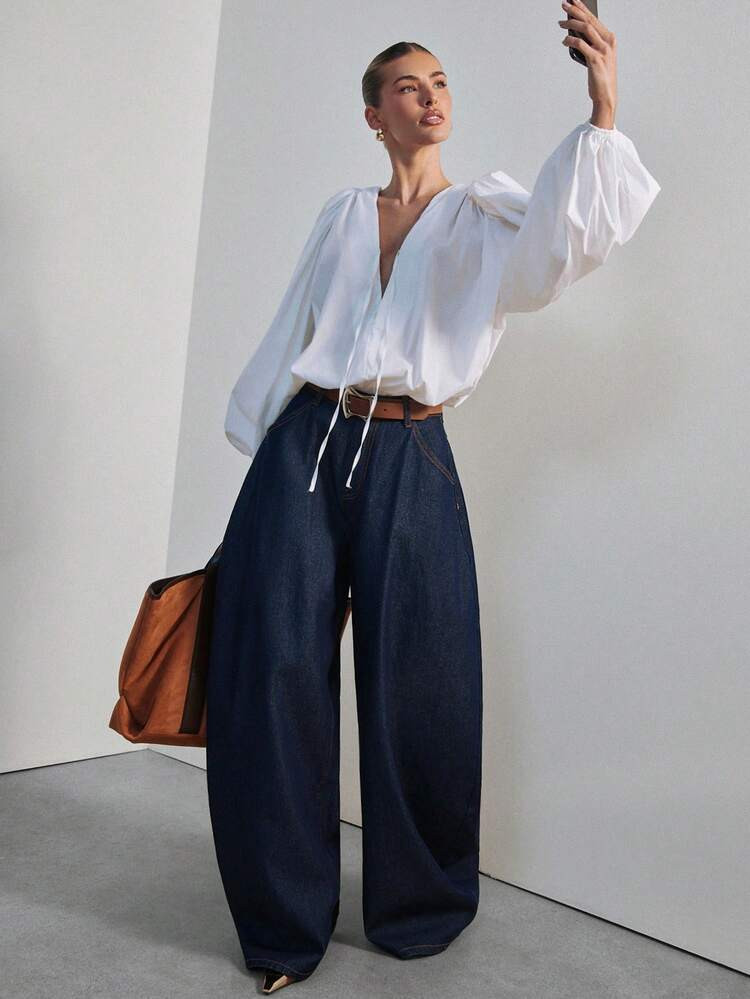 Hauture Women's Low Rise Baggy Barrel Jean Pant Denim Sexy Office Wear, Fashionable Wear, Dark Wash Denim, Summer Vibes, Going Out Outfit, Night Out Denim, Statement Jeans, Old Money Style Casual Office Wear | SHEIN