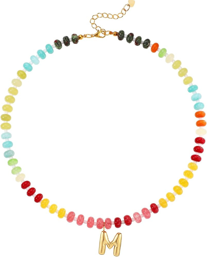 Beaded Necklaces for Women, Colorful Natural Stone Gemstone Necklace Charm Bead Initial Letter Pe... | Amazon (US)