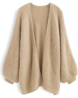 CHICWISH Women Fuzzy Open Front Waffle Knit Cardigan Long Lantern Sleeve Oversize Classy Cozy Car... | Amazon (US)