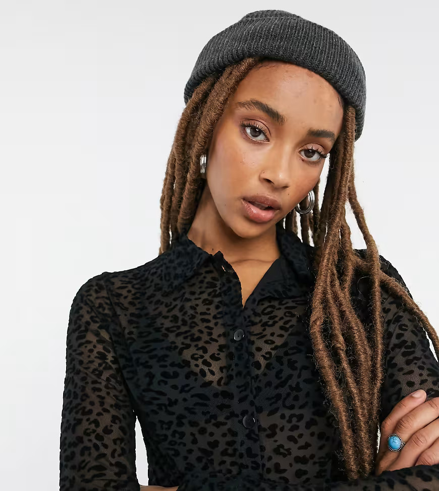 Rokoko 90s fitted button front sheer shirt in leopard burn out velvet-Black | ASOS (Global)