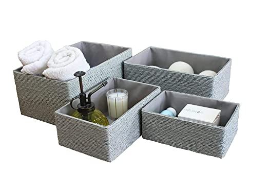 Storage Baskets Set 4 - Stackable Woven Basket Paper Rope Bin, Storage Boxes for Makeup Closet Ba... | Amazon (US)