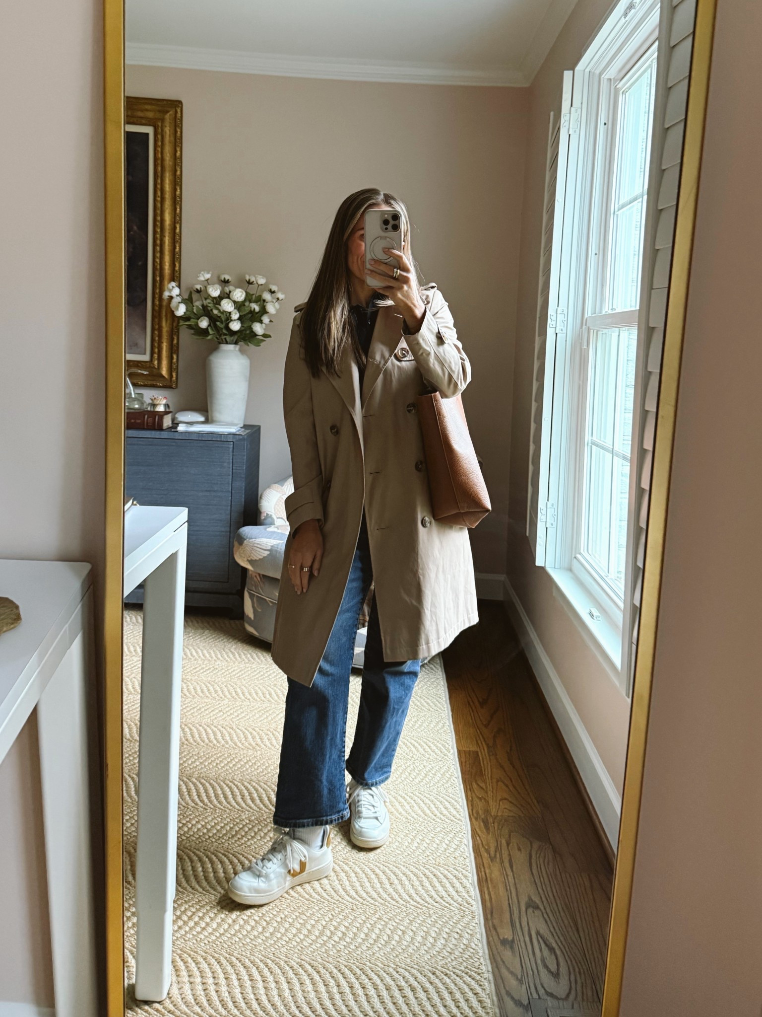 Perfect outfit for a rainy day 

Size up in the jeans! 

I love a trench coat even when it’s not rainy - it elevates any outfit! 

The tote is the most comfortable bag I’ve ever used - I didn’t even realize totes could or should be comfortable. This is perfect for work and mom life  

#LTKOver40 #LTKPetite