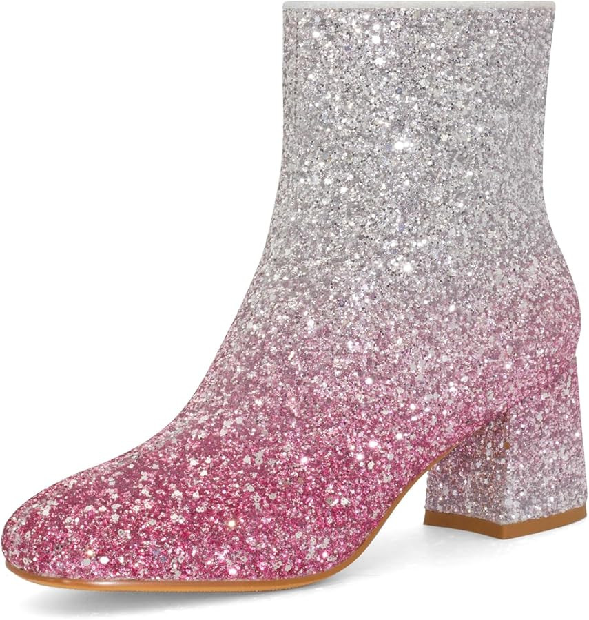 Women's Glitter Ankle Boots Sequin Sparkly Booties Block Heel Side Zip Zipper Wedding Party Dress... | Amazon (US)
