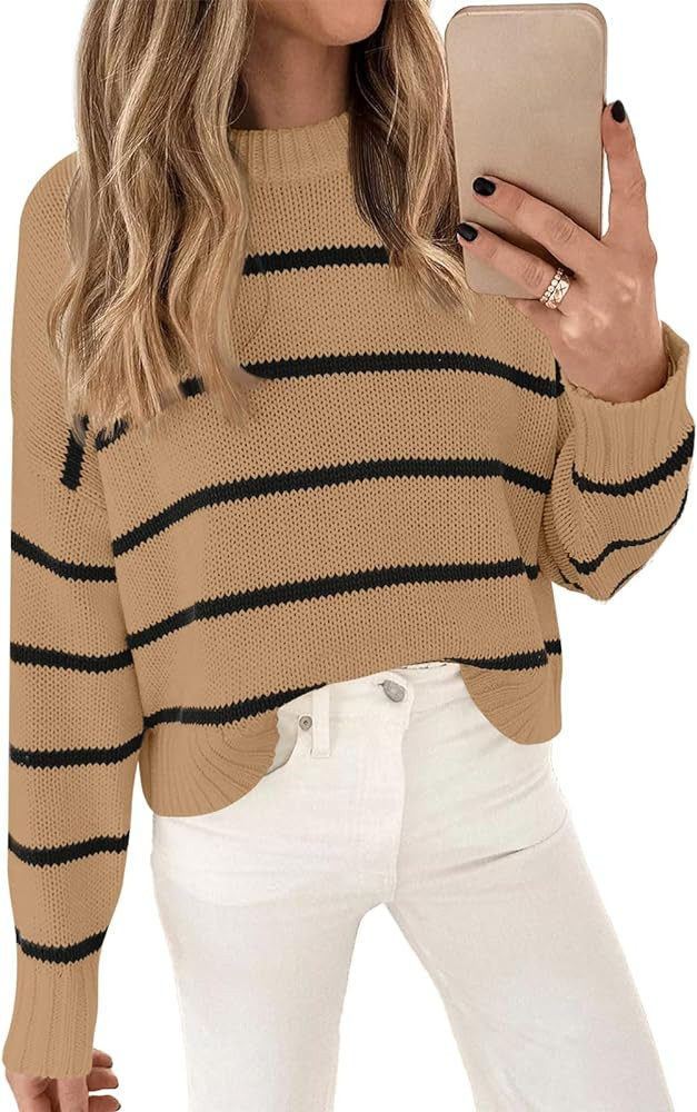 LILLUSORY Womens Striped Sweater Pullover Crewneck Knit Long Sleeve Cable Knitted Sweaters | Amazon (US)