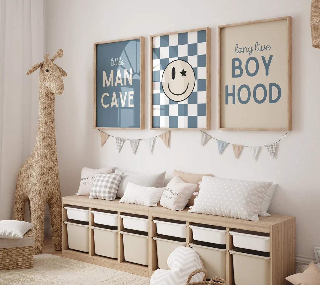 Little Man Cave, Long Live Boyhood ,boho Blue Nursery, Checkered Smiley Poster, Baby Boys Kids Ro... | Etsy (US)