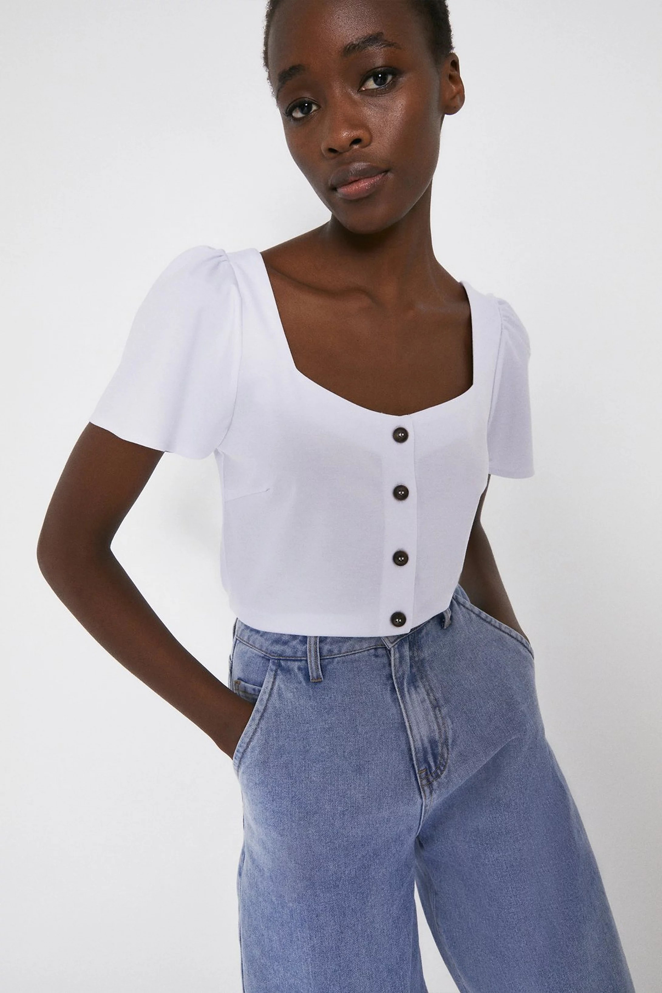 Pique Sweetheart Neck Top | Warehouse UK & IE