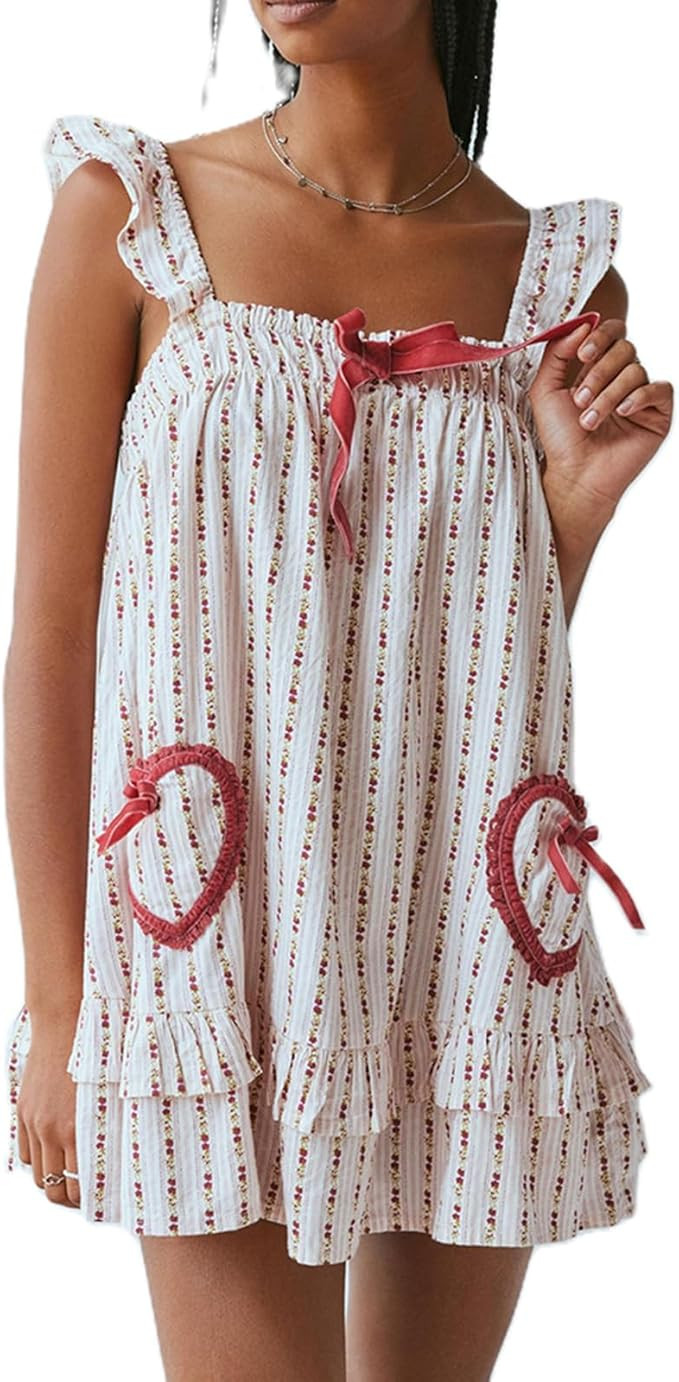 HOXIJIA Women Cute Floral Printed Mini Dress Sleeveless Bow Front Loose Ruffled Short Dress Summe... | Amazon (US)