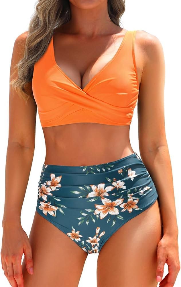 Yonique Women's Two Piece High Waisted Bikini Set Tummy Control Swimsuit Full Coverage Bathing Su... | Amazon (US)