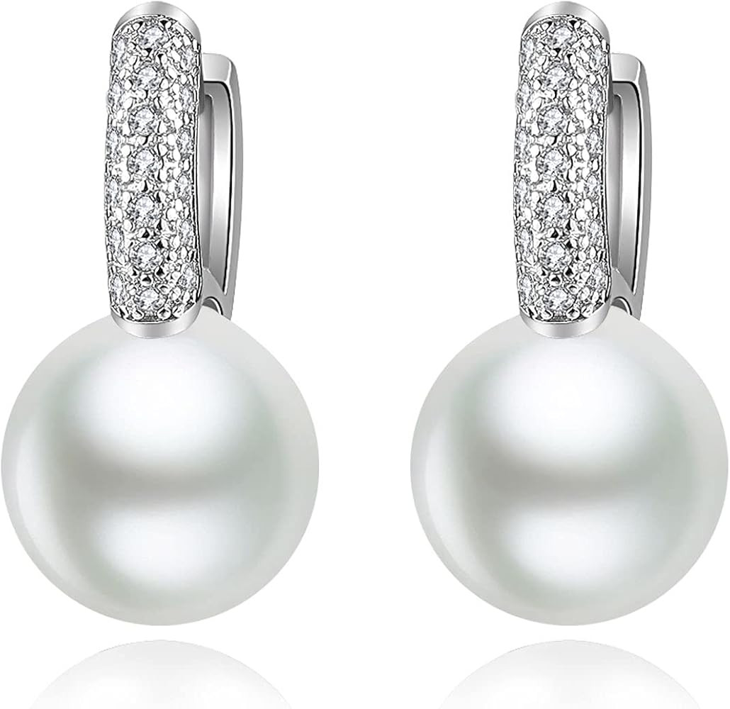 Pearl Dangle Earrings for Women Girls 14K White Gold Plated Cubic Zirconia pearl Hoop earring Gif... | Amazon (US)